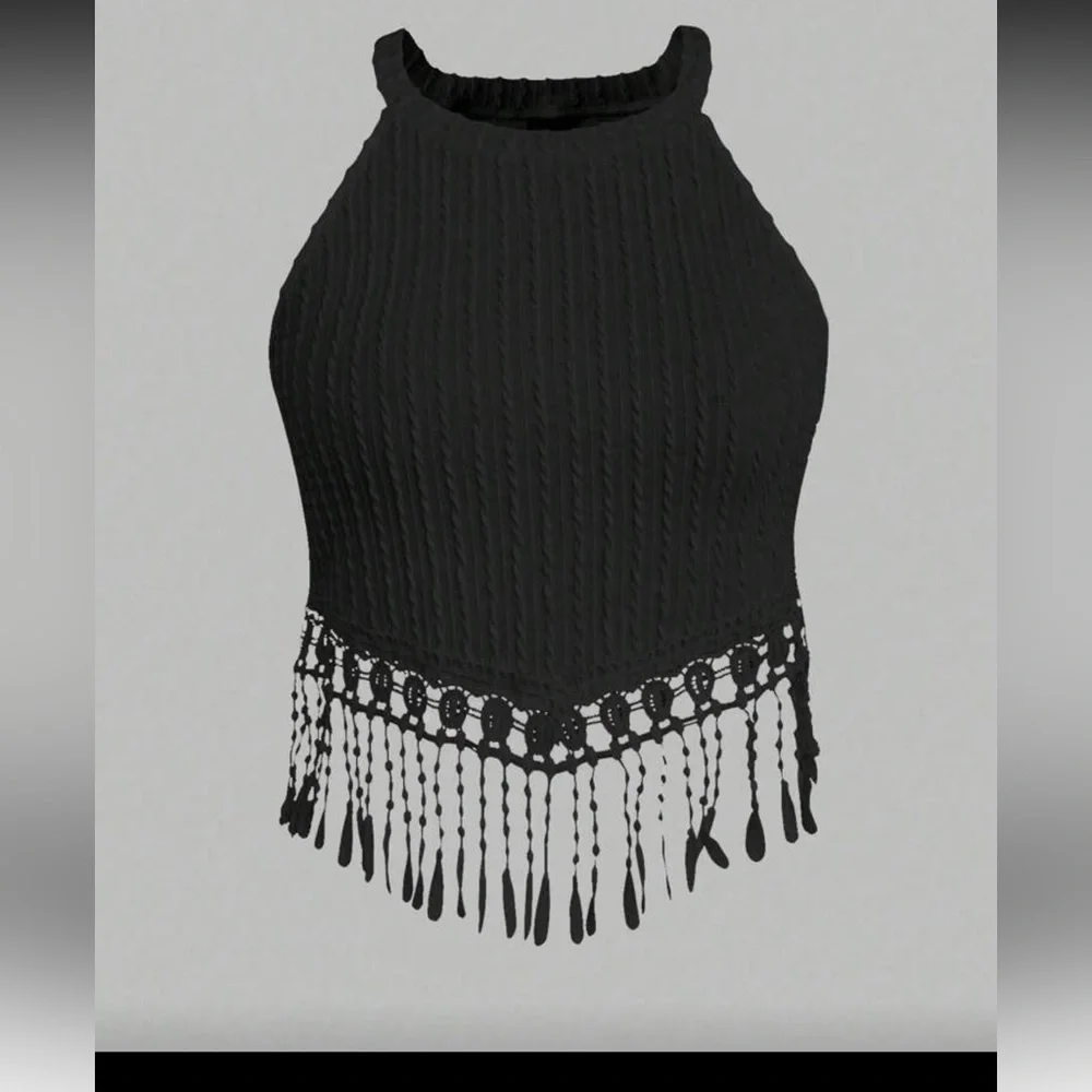Black fringe boho cropped top whimsical grunge - Picture 1 of 4